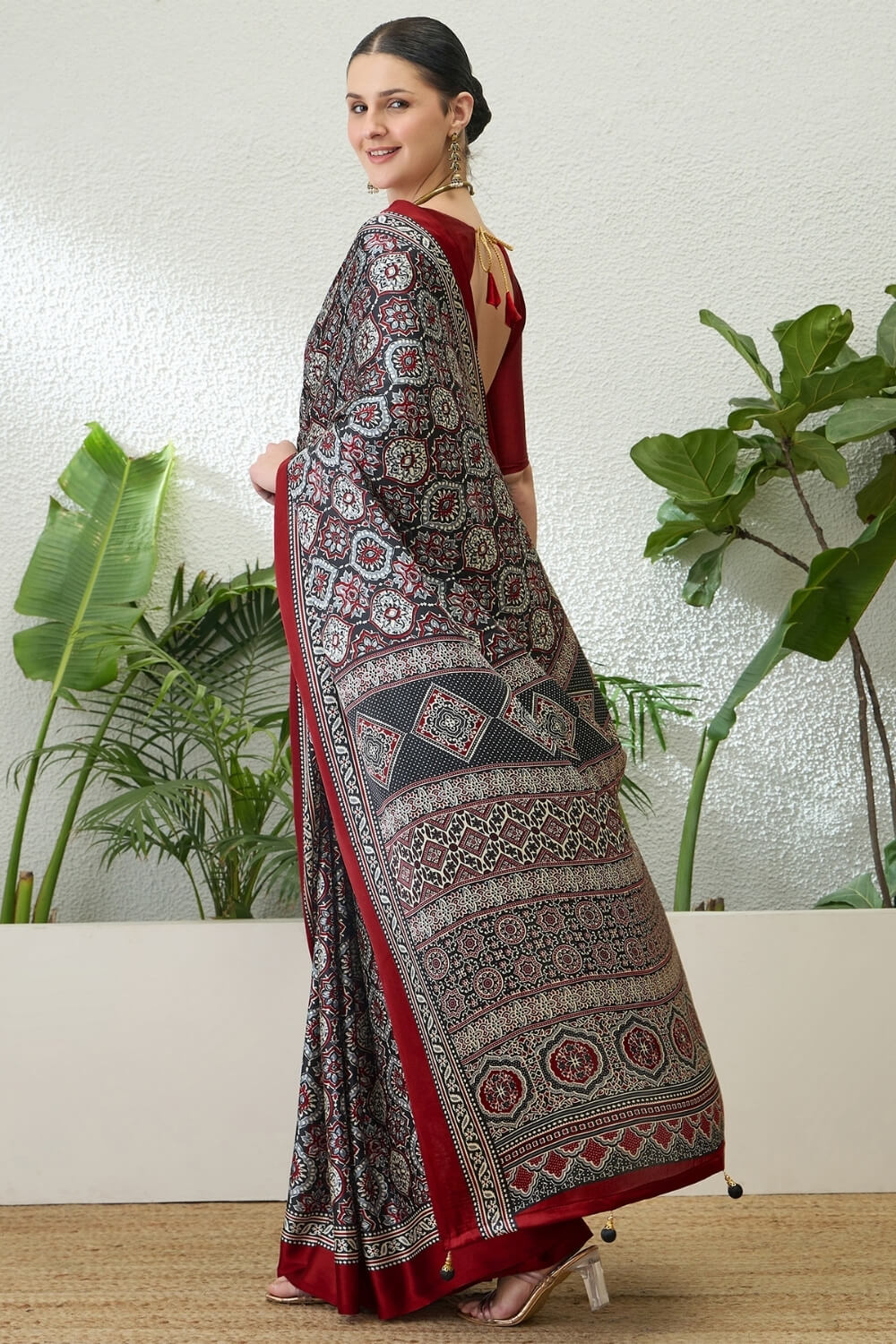Charcoal Grey Printed Satin Silk Saree