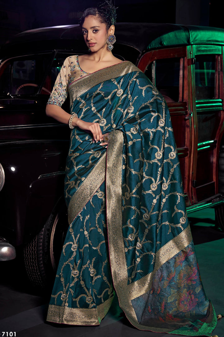 Chathams Blue Banarasi Pure Silk Saree with Designer Embroidery Blouse Piece