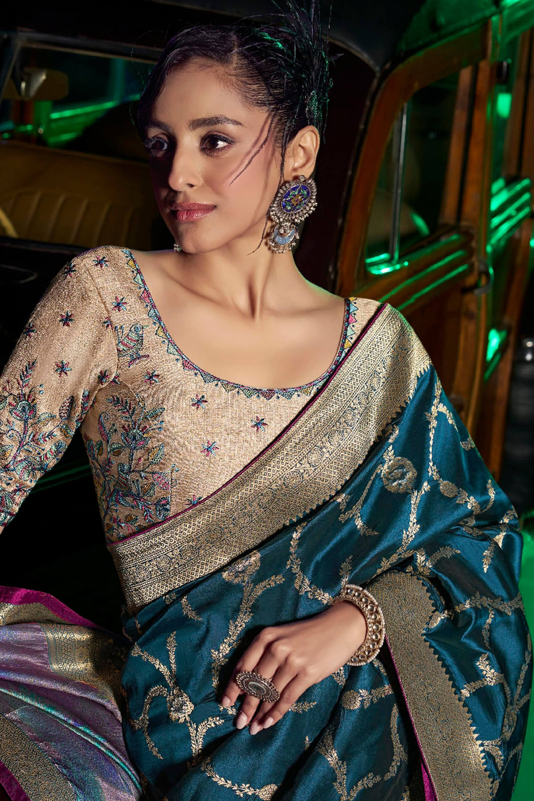 Chathams Blue Banarasi Pure Silk Saree with Designer Embroidery Blouse Piece