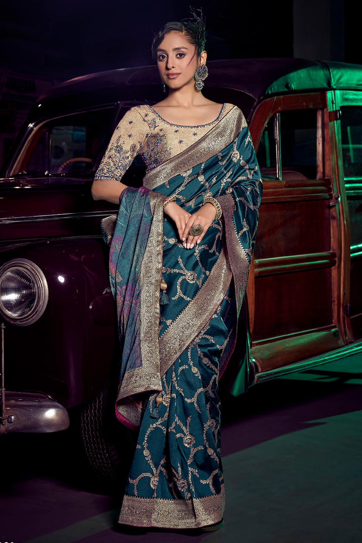 Chathams Blue Banarasi Pure Silk Saree with Designer Embroidery Blouse Piece