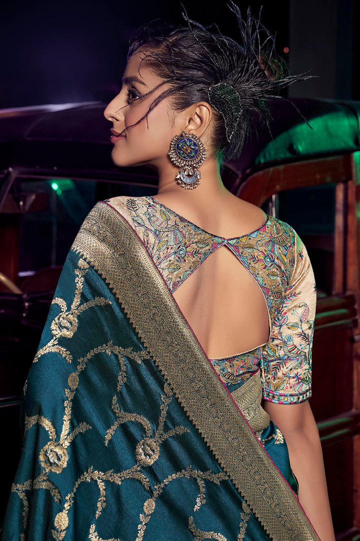 Chathams Blue Banarasi Pure Silk Saree with Designer Embroidery Blouse Piece