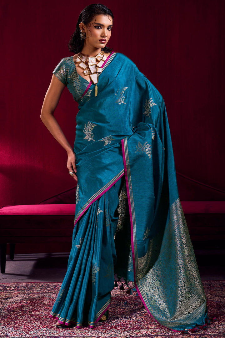 Chathams Blue Banarasi satin silk saree