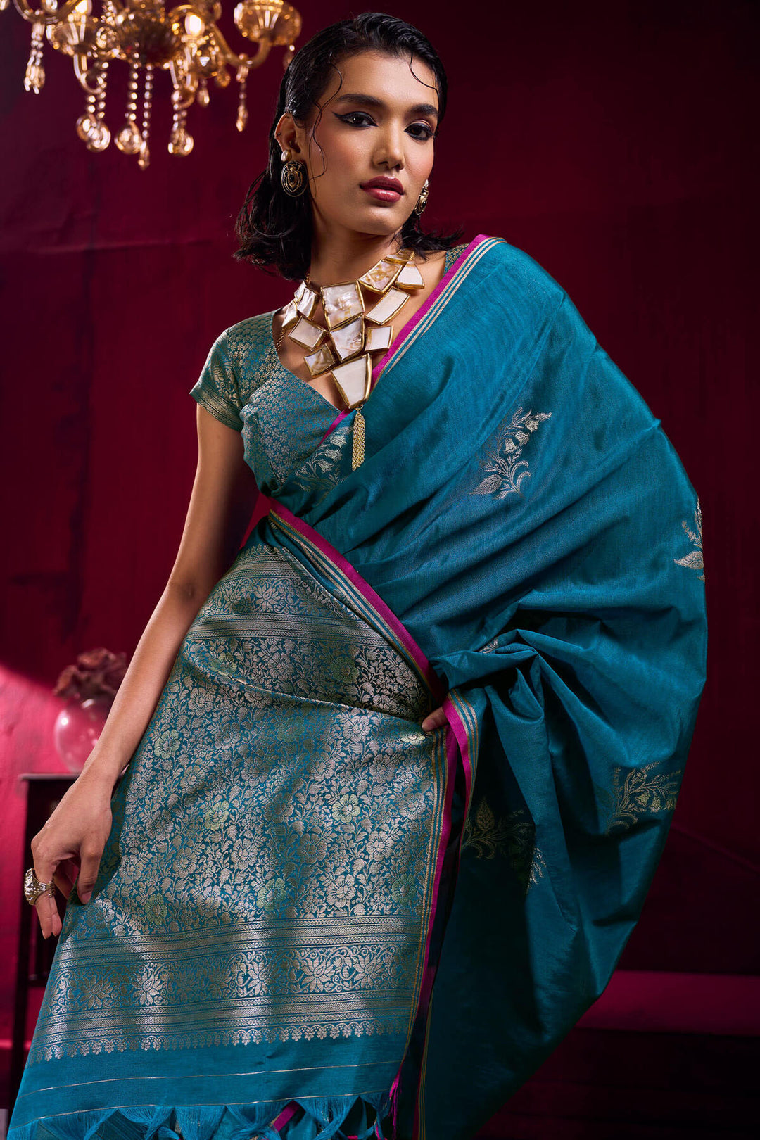 Chathams Blue Banarasi satin silk saree