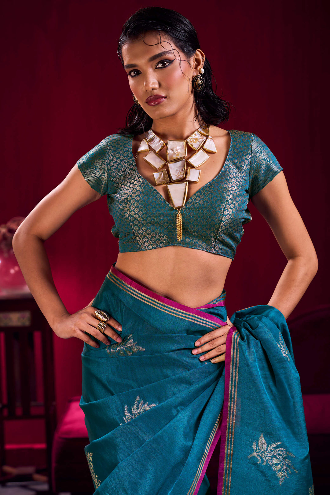 Chathams Blue Banarasi satin silk saree