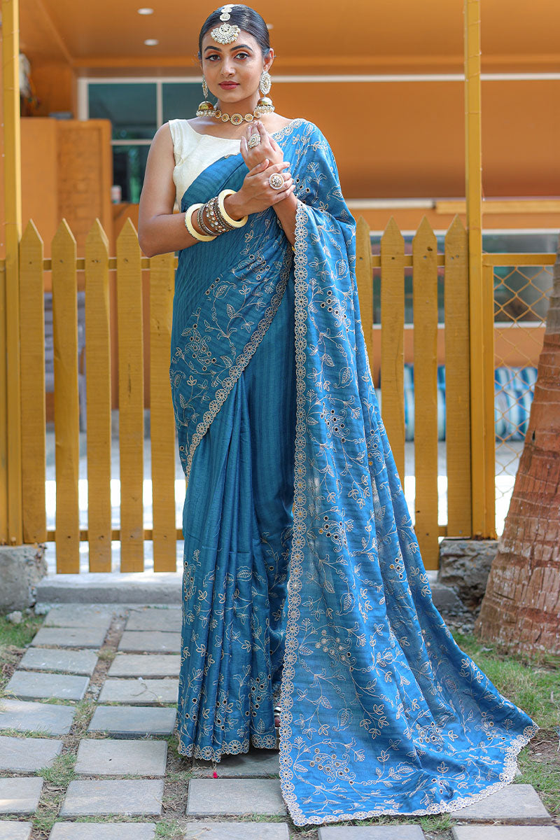 Chathams Blue Embroidered Work Soft Silk Saree