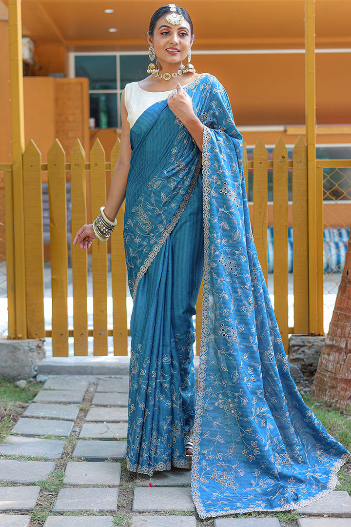 Chathams Blue Embroidered Work Soft Silk Saree