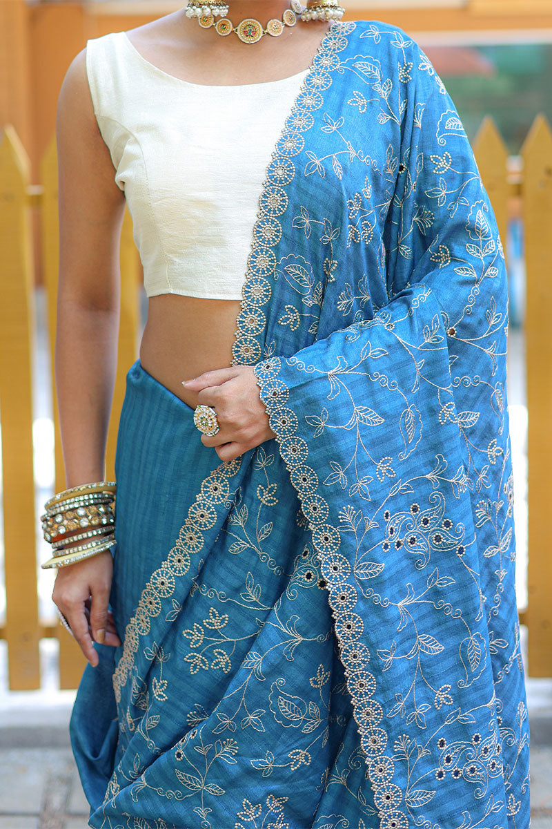 Chathams Blue Embroidered Work Soft Silk Saree