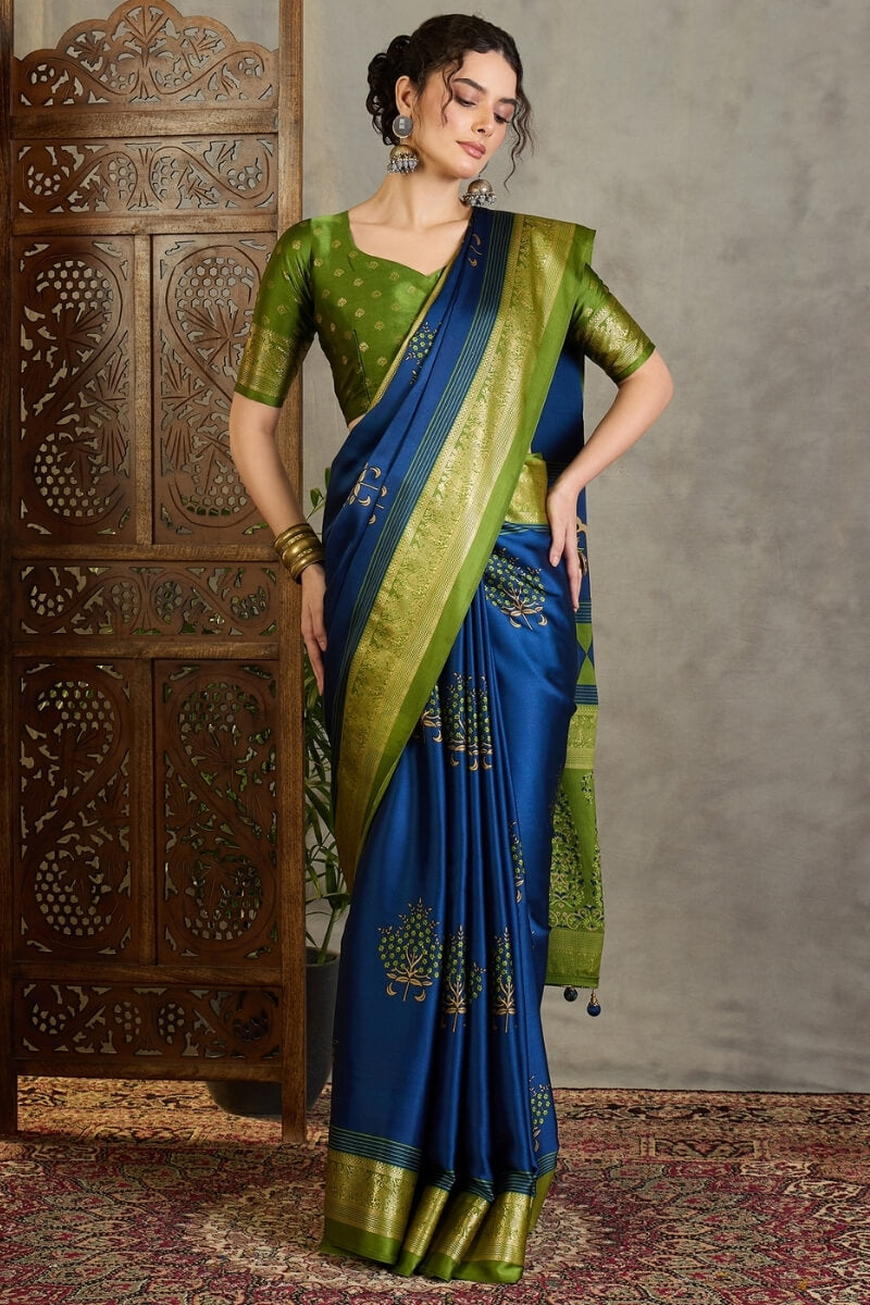 Chathams Blue Printed Satin Silk Saree with Zari woven Border and Pallu