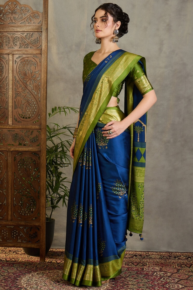 Chathams Blue Printed Satin Silk Saree with Zari woven Border and Pallu