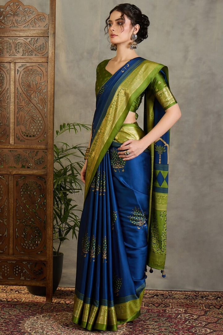 Chathams Blue Printed Satin Silk Saree with Zari woven Border and Pallu