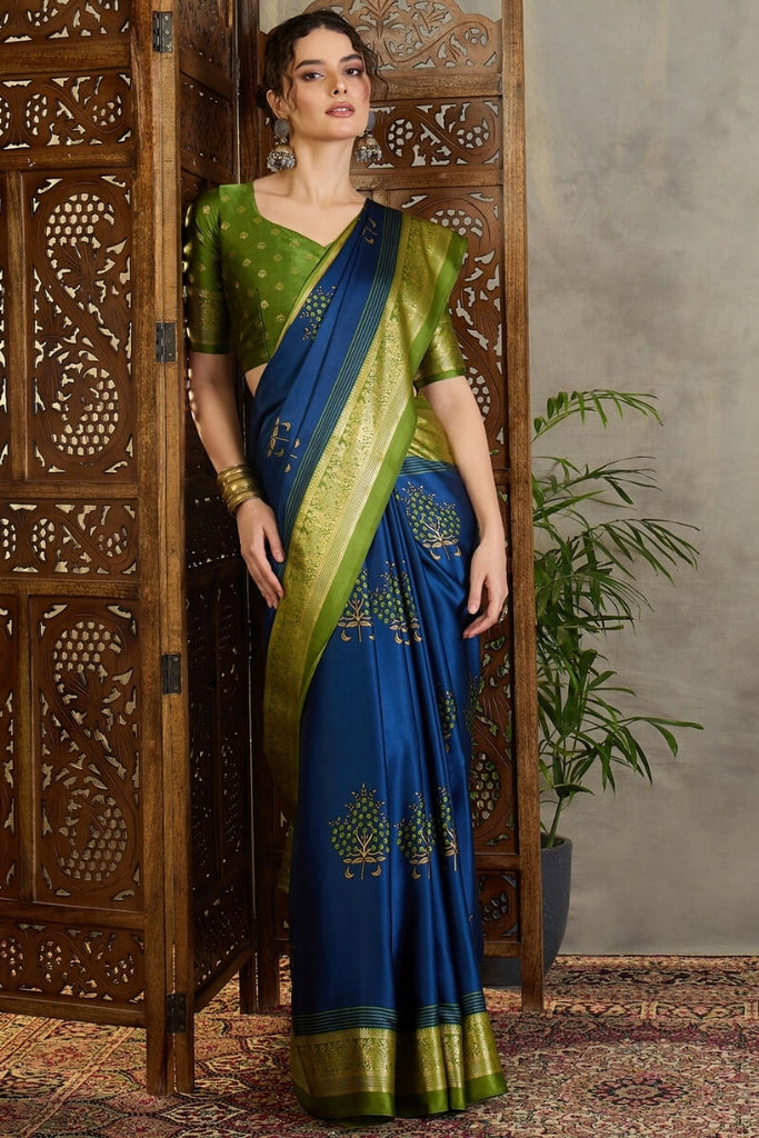 Chathams Blue Printed Satin Silk Saree with Zari woven Border and Pallu