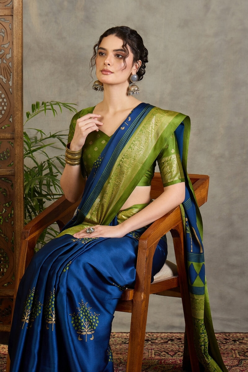 Chathams Blue Printed Satin Silk Saree with Zari woven Border and Pallu