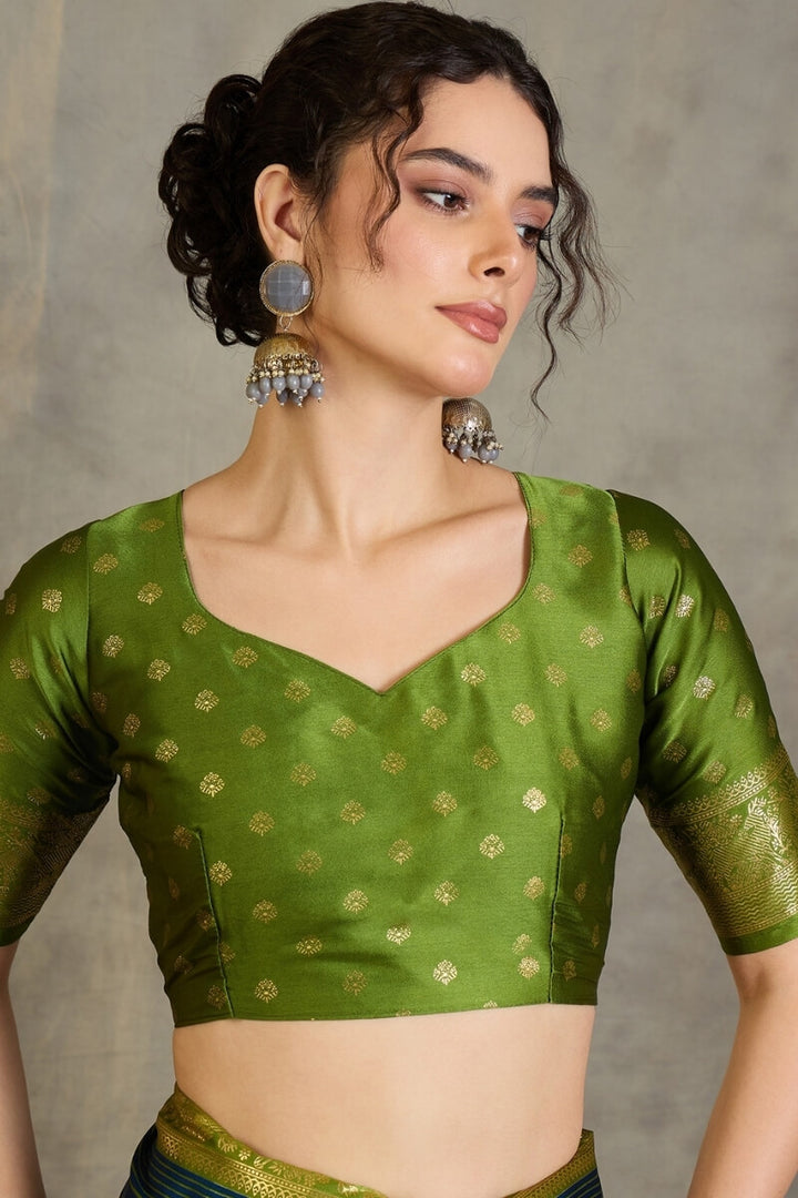 Chathams Blue Printed Satin Silk Saree with Zari woven Border and Pallu