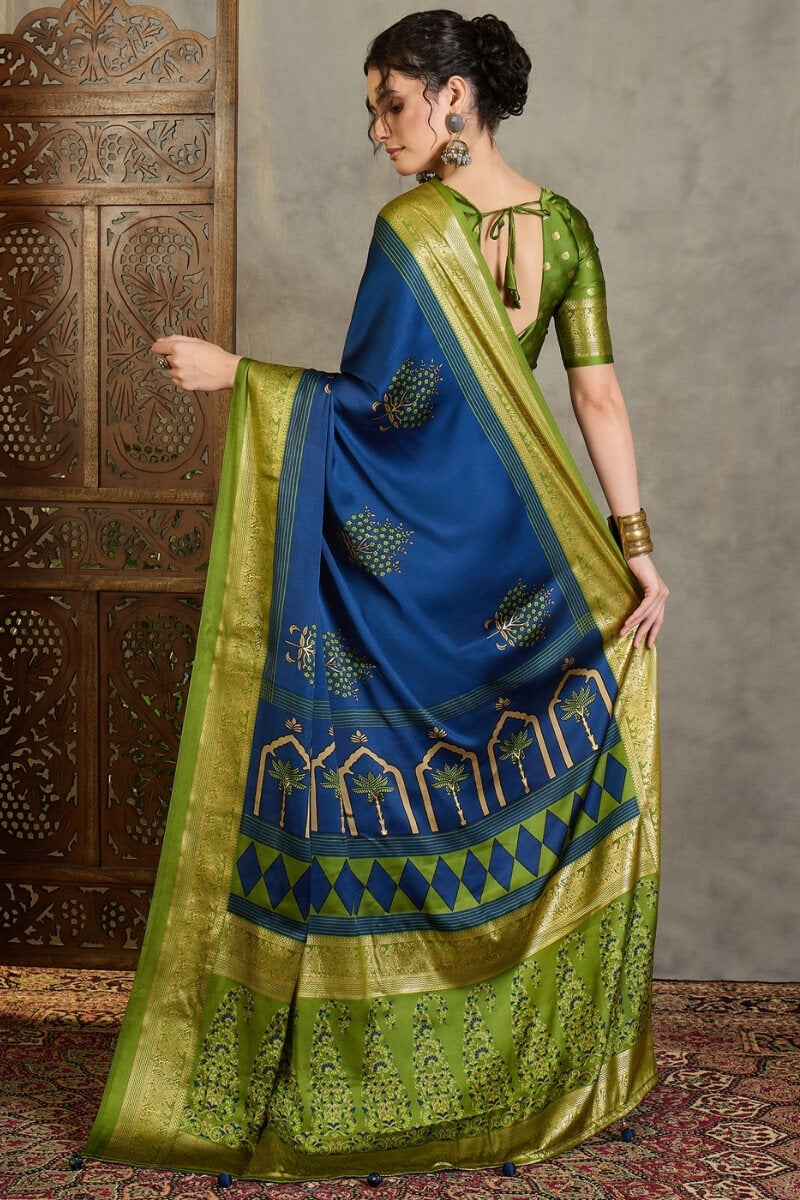 Chathams Blue Printed Satin Silk Saree with Zari woven Border and Pallu