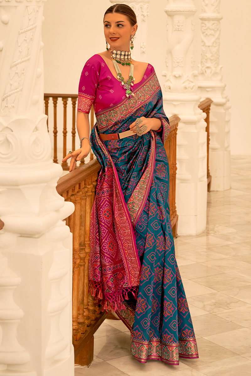 Chathams Blue Woven Patola Silk Saree