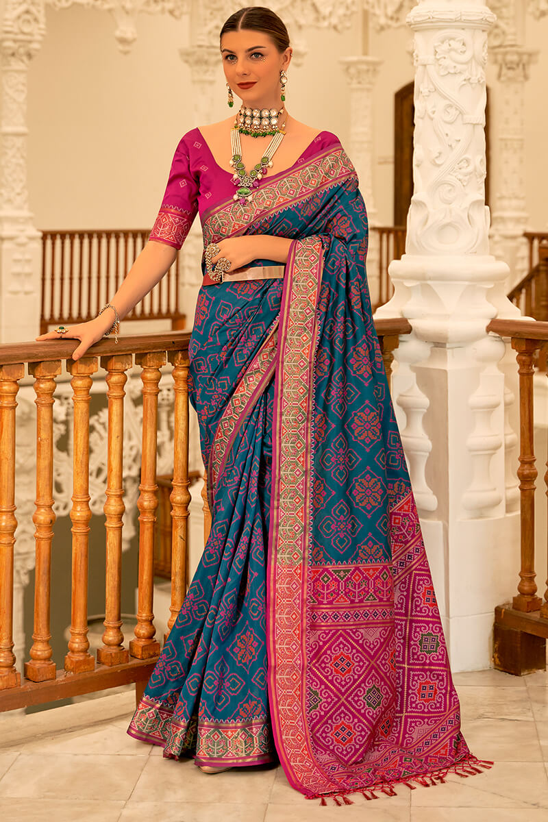 Chathams Blue Woven Patola Silk Saree