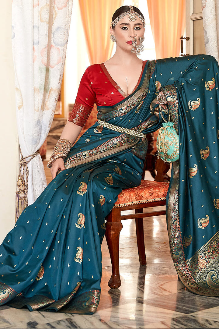 Chathams Blue Zari Woven Banarasi Silk Saree