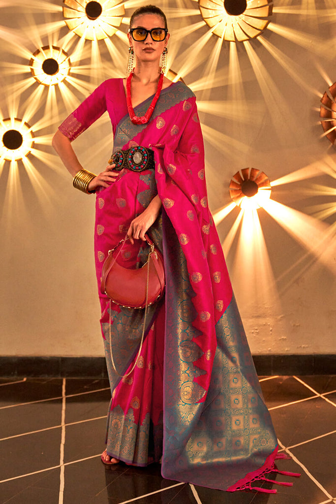 Cherry Pink Zari Woven Handloom Silk Saree