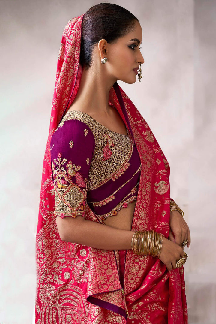 Cherry Pink Zari Woven Pure Crape Silk Saree with Designer Blouse Piece