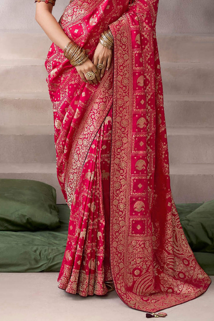 Cherry Pink Zari Woven Pure Crape Silk Saree with Designer Blouse Piece