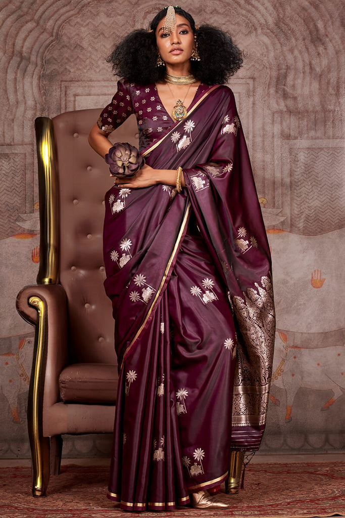 Cherry Wine Zari Woven Banarasi Satin Silk Saree