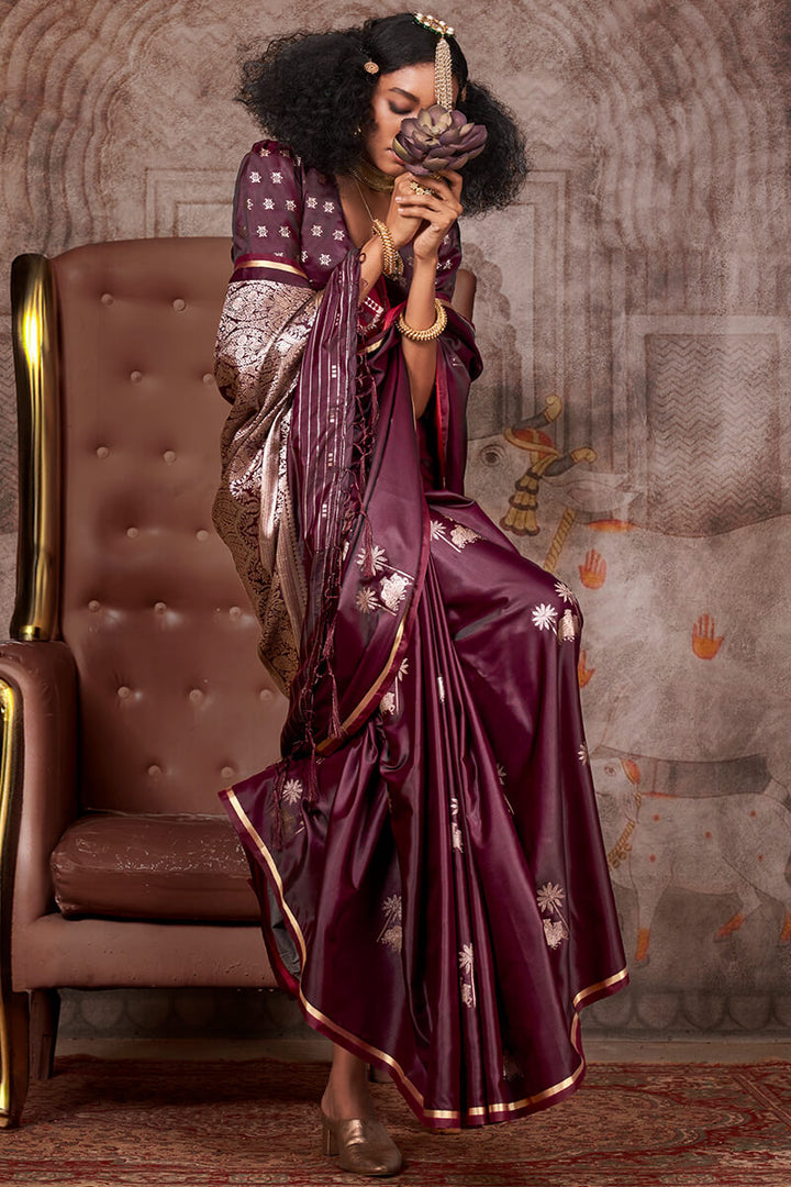 Cherry Wine Zari Woven Banarasi Satin Silk Saree