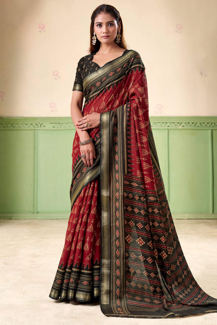 Chestnut Maroon Printed Mul cotton Silk Saree