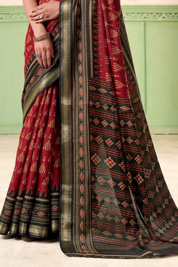 Chestnut Maroon Printed Mul cotton Silk Saree