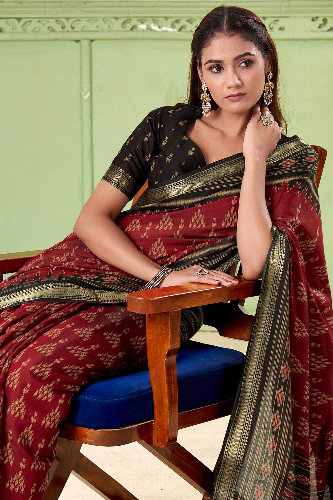 Chestnut Maroon Printed Mul cotton Silk Saree