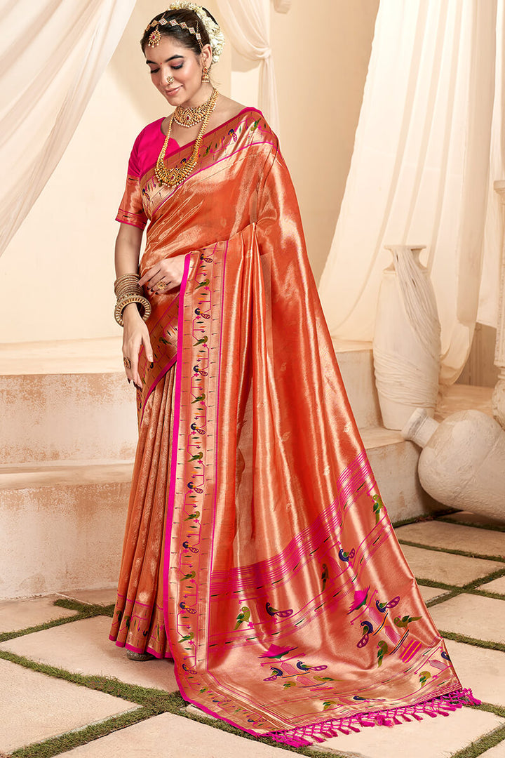 Chestnut Red Paithani Tissue Silk Saree