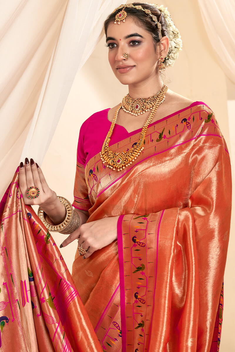 Chestnut Red Paithani Tissue Silk Saree