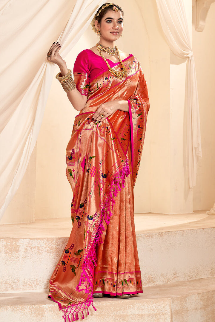 Chestnut Red Paithani Tissue Silk Saree