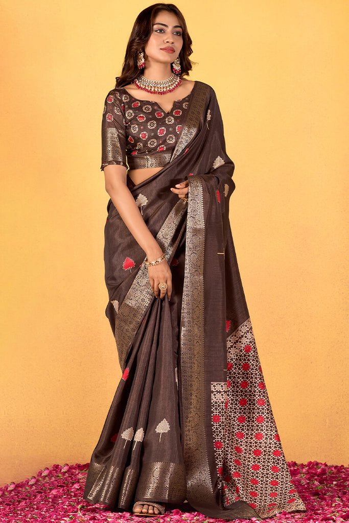 Chocolate Brown Foil Printed Pure Dola Silk Saree