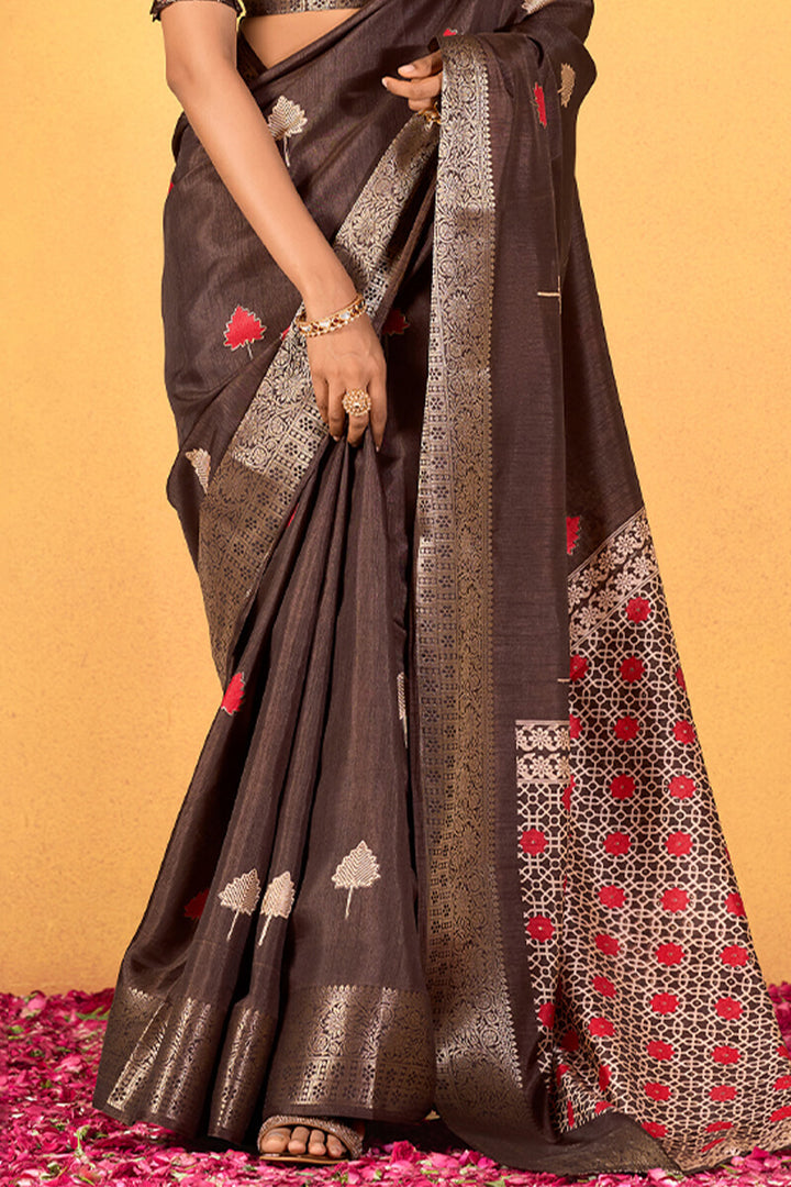 Chocolate Brown Foil Printed Pure Dola Silk Saree