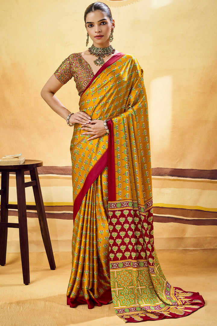 Chrome Yellow Ajrakh Printed Semi Modal Satin Silk Saree