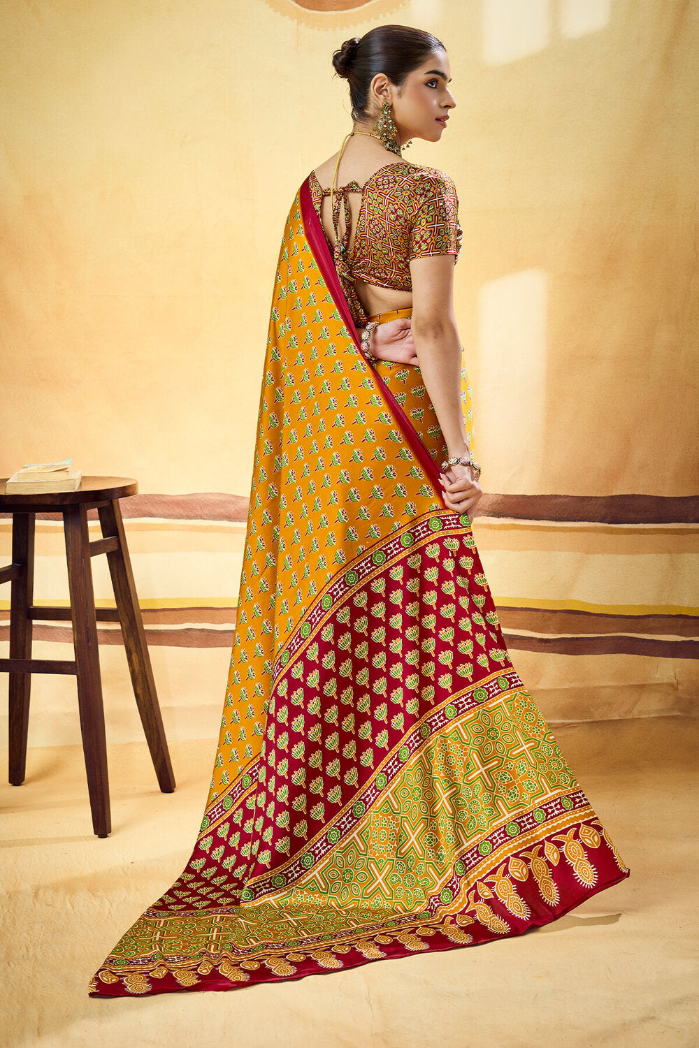 Chrome Yellow Ajrakh Printed Semi Modal Satin Silk Saree
