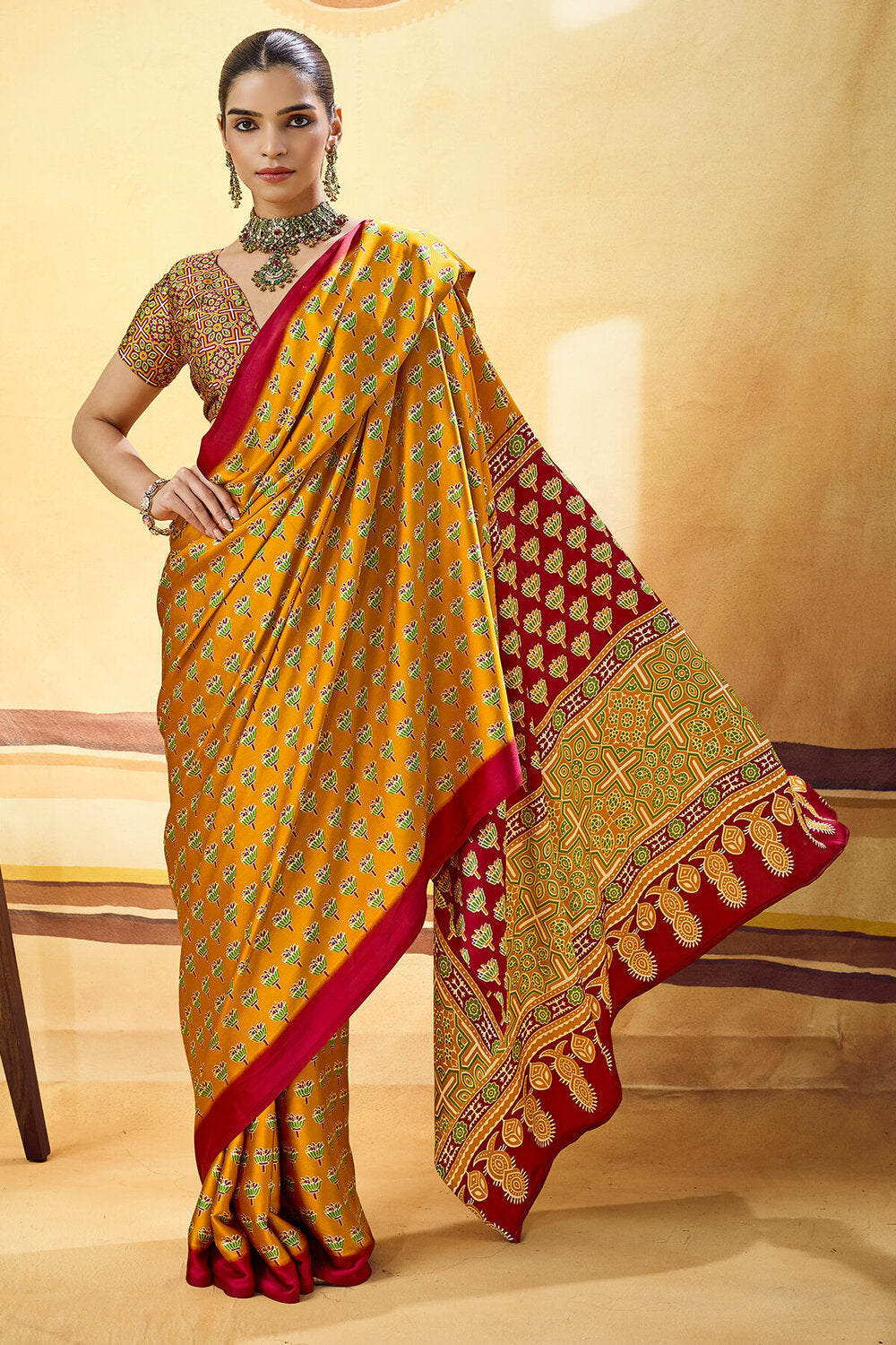 Chrome Yellow Ajrakh Printed Semi Modal Satin Silk Saree