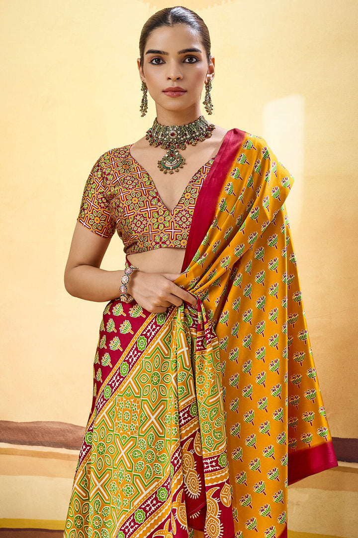 Chrome Yellow Ajrakh Printed Semi Modal Satin Silk Saree