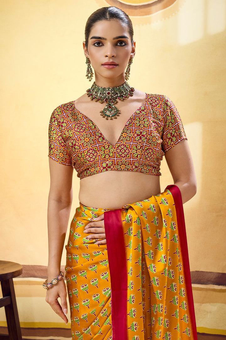 Chrome Yellow Ajrakh Printed Semi Modal Satin Silk Saree