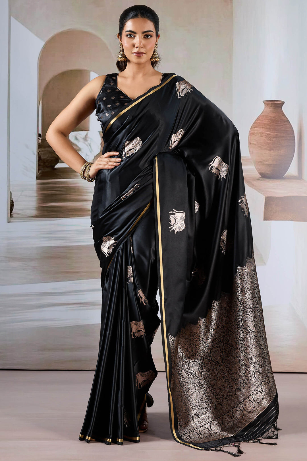 Cinder Black Banarasi Satin Silk Saree
