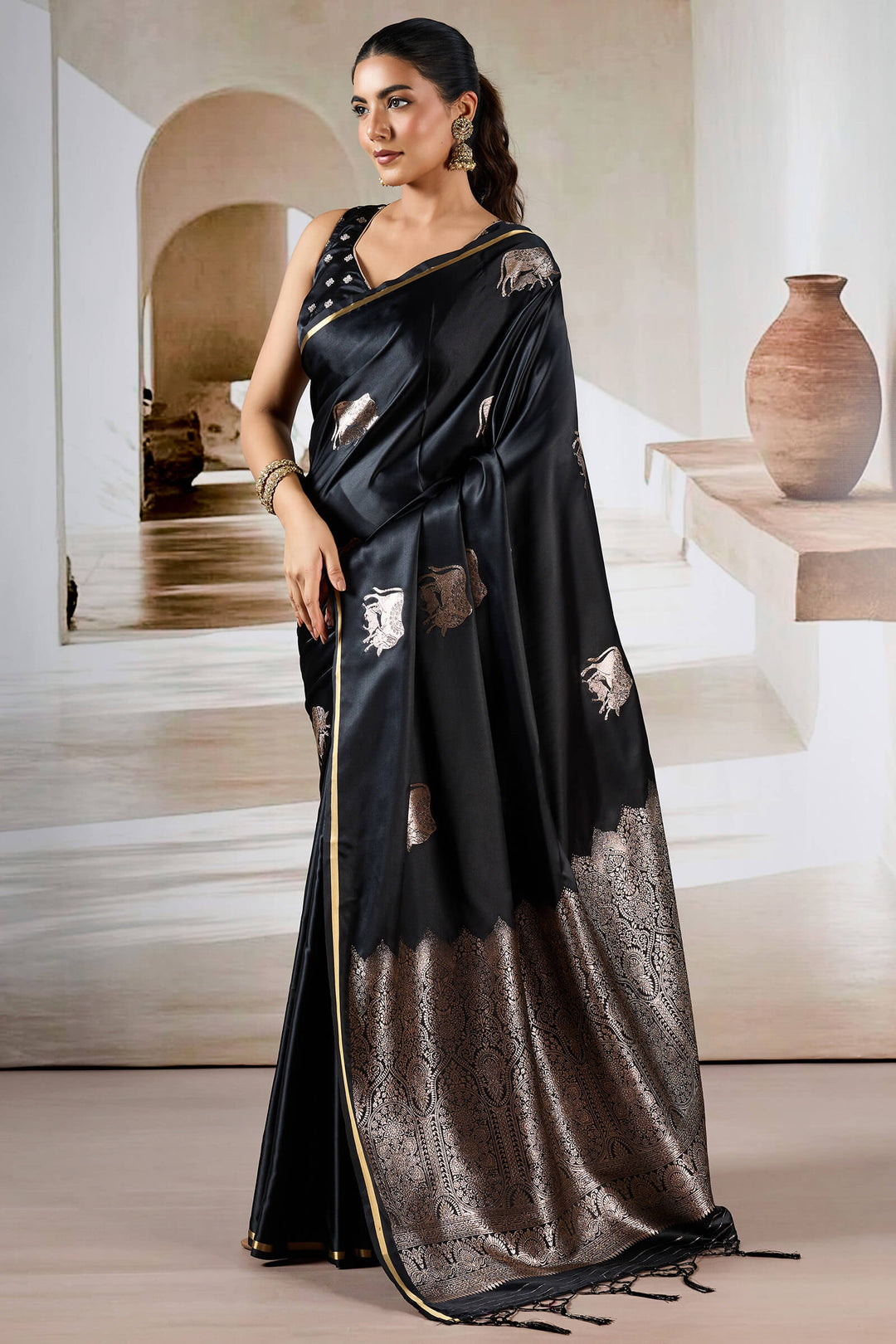 Cinder Black Banarasi Satin Silk Saree