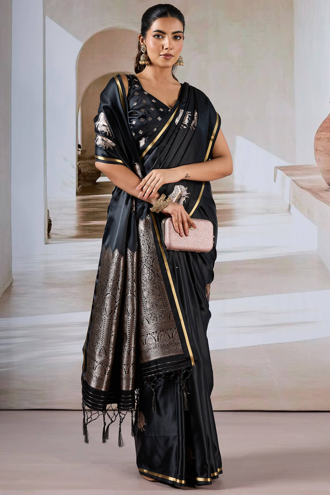 Cinder Black Banarasi Satin Silk Saree