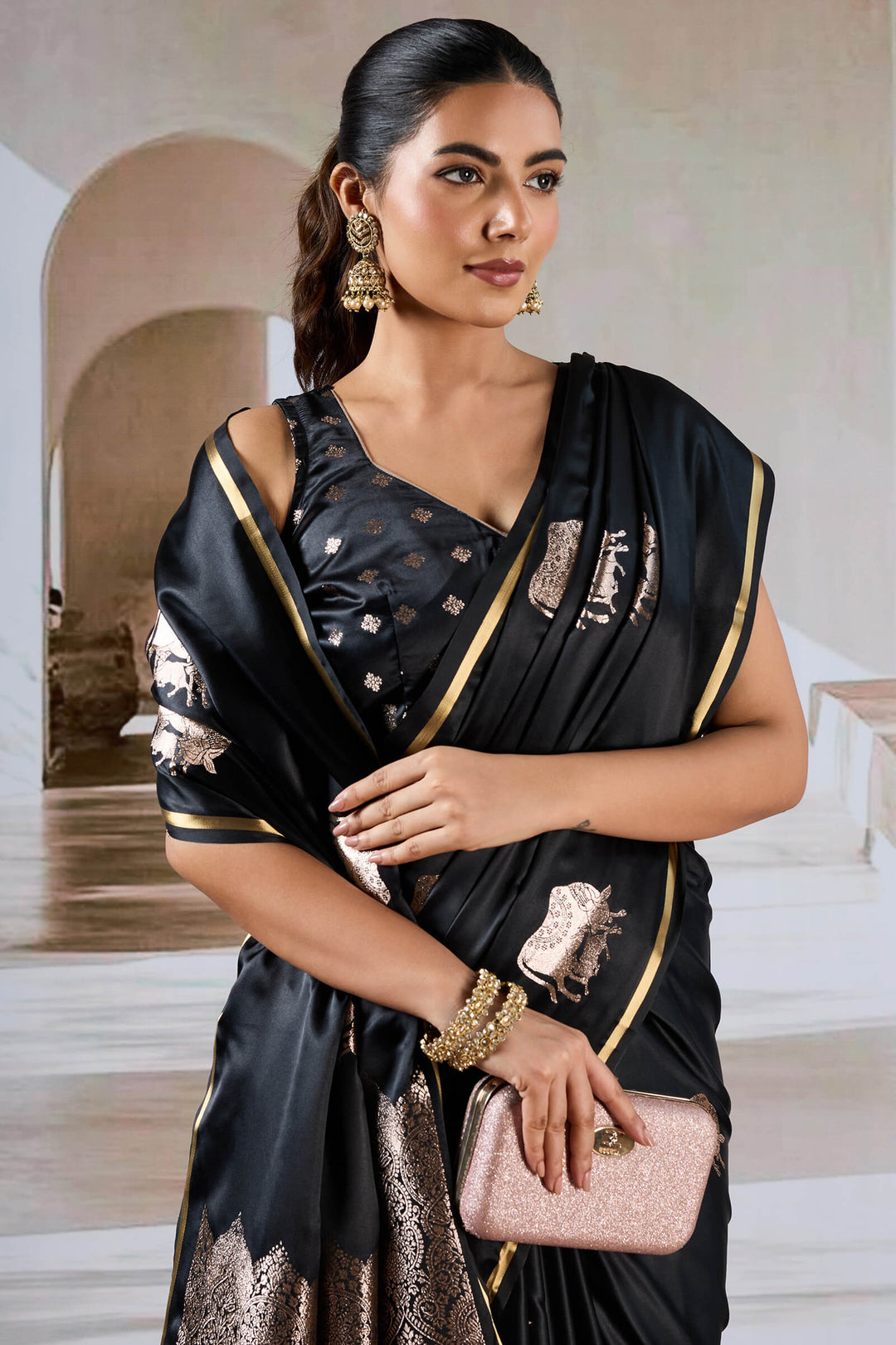 Cinder Black Banarasi Satin Silk Saree