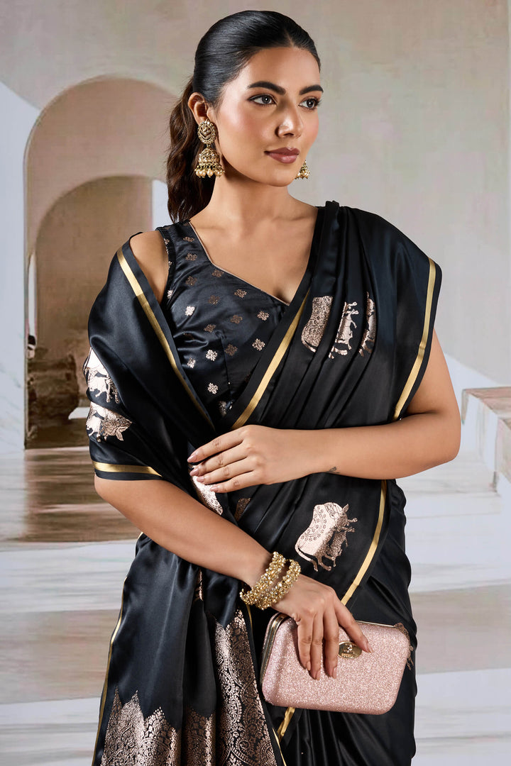 Cinder Black Banarasi Satin Silk Saree