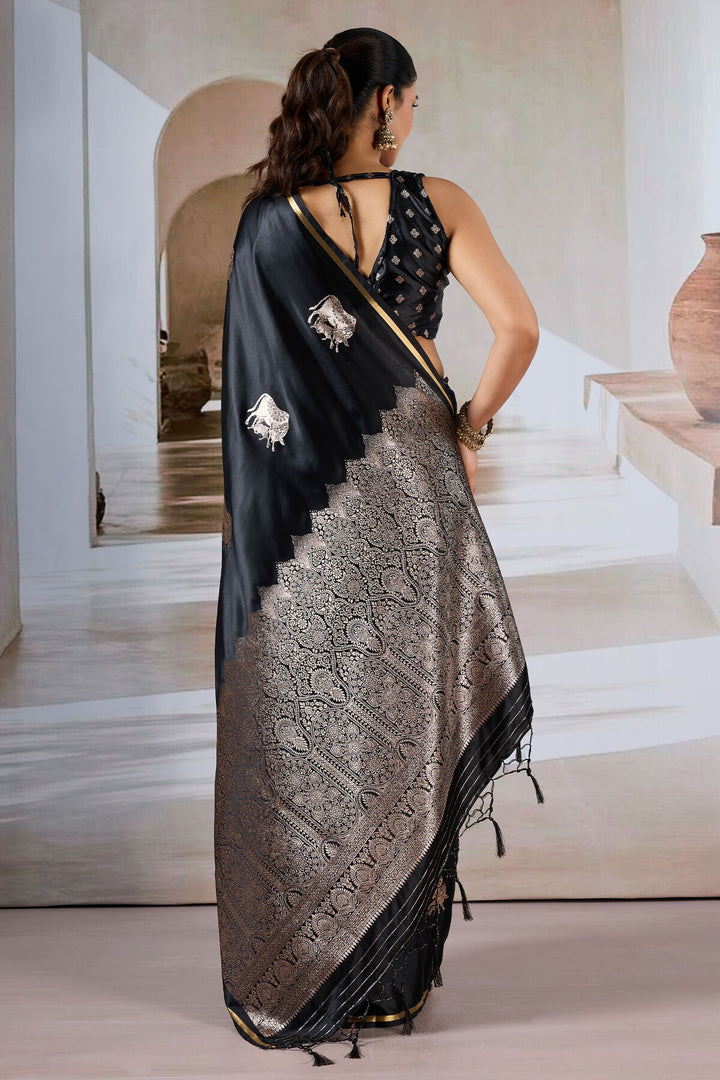 Cinder Black Banarasi Satin Silk Saree