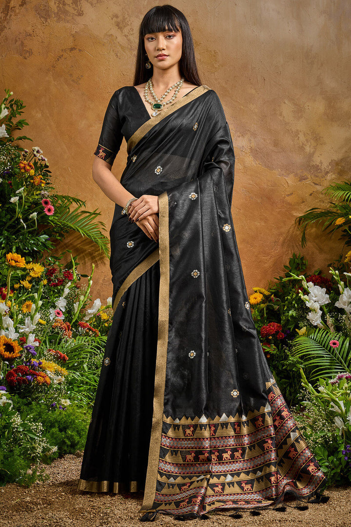 Cinder Black Banarasi Tussar Silk Saree