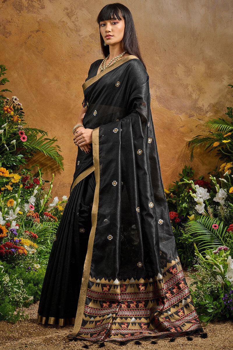 Cinder Black Banarasi Tussar Silk Saree