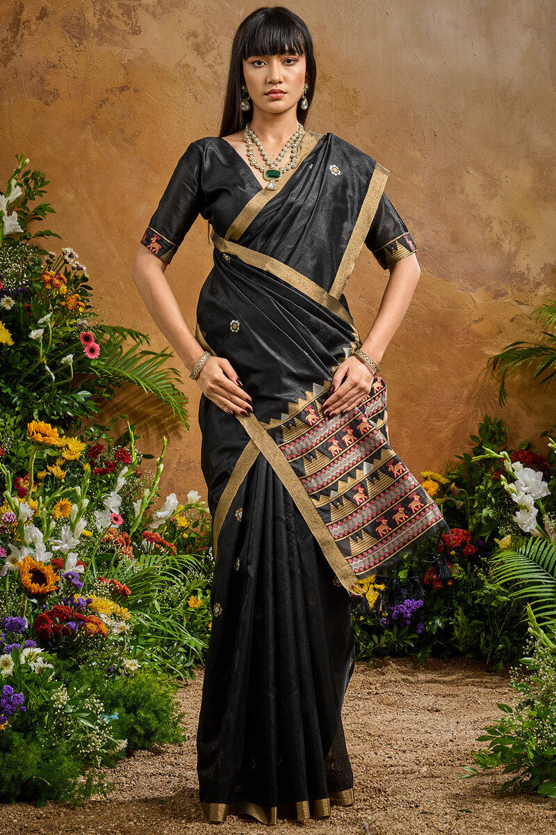Cinder Black Banarasi Tussar Silk Saree