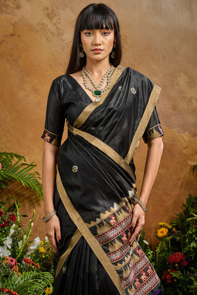 Cinder Black Banarasi Tussar Silk Saree