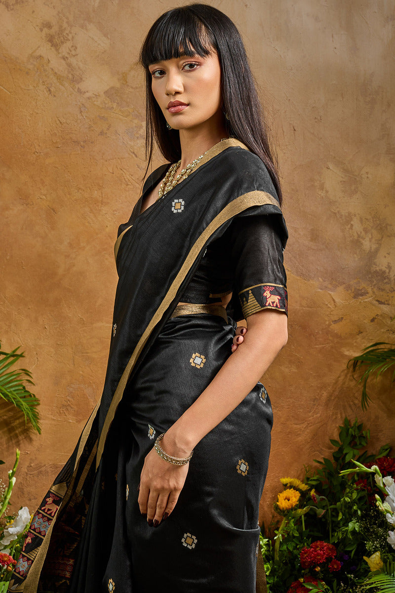 Cinder Black Banarasi Tussar Silk Saree